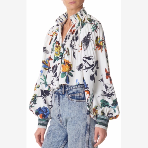 Tibi Tops - Tibi Gothic Floral Pleated Edwardian Top XS White